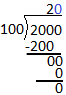 The problem highlights 100 goes into 0, 0 times. A 0 is added above to the dividend to show the answer 20.